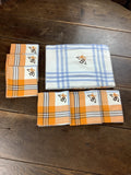 Nappe vintage à carreaux bleu ciel et orange avec 6 serviettes monogrammées MCB -Ref 110