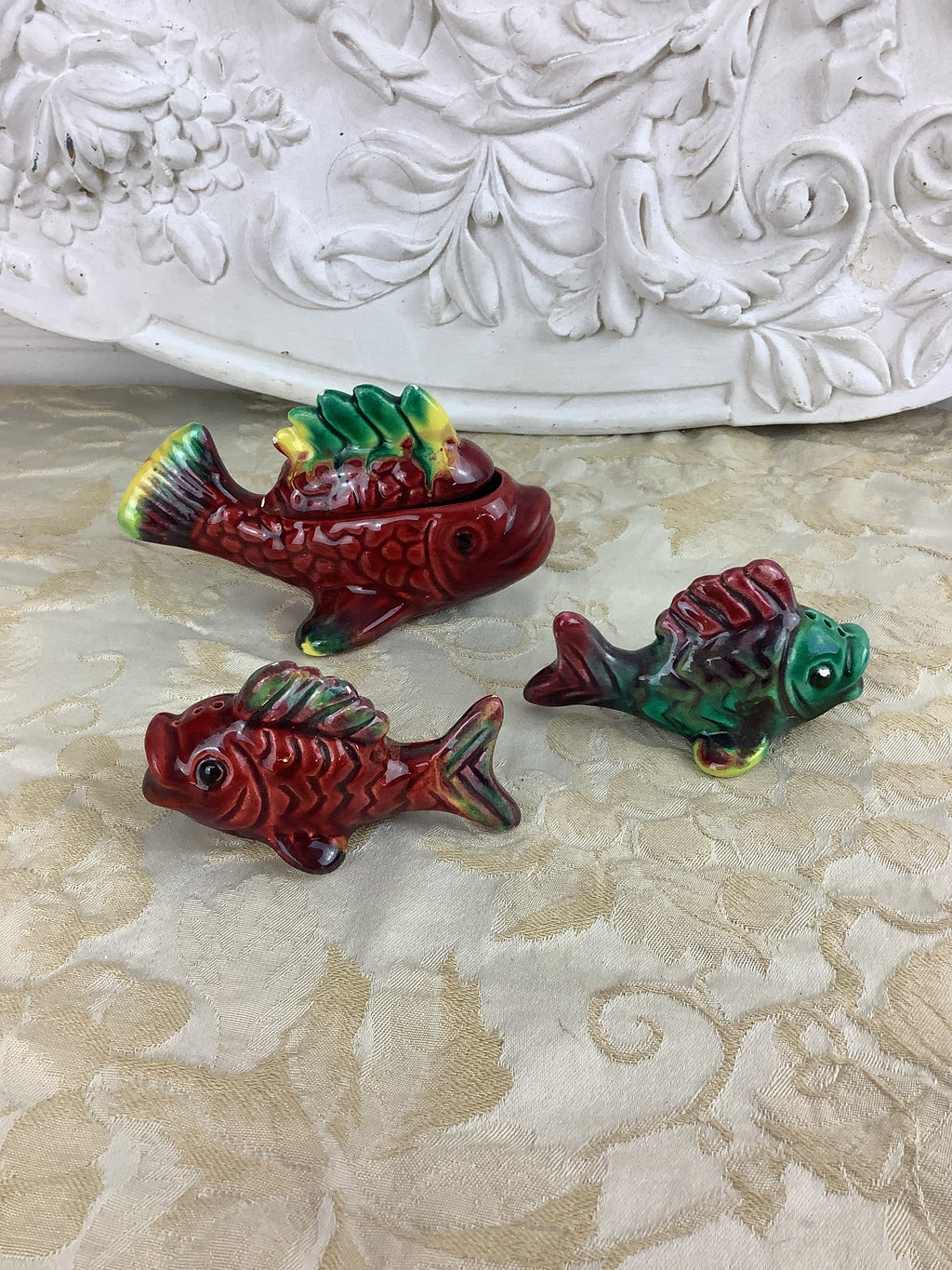 Ensemble Trio Poissons service Condiments ancien