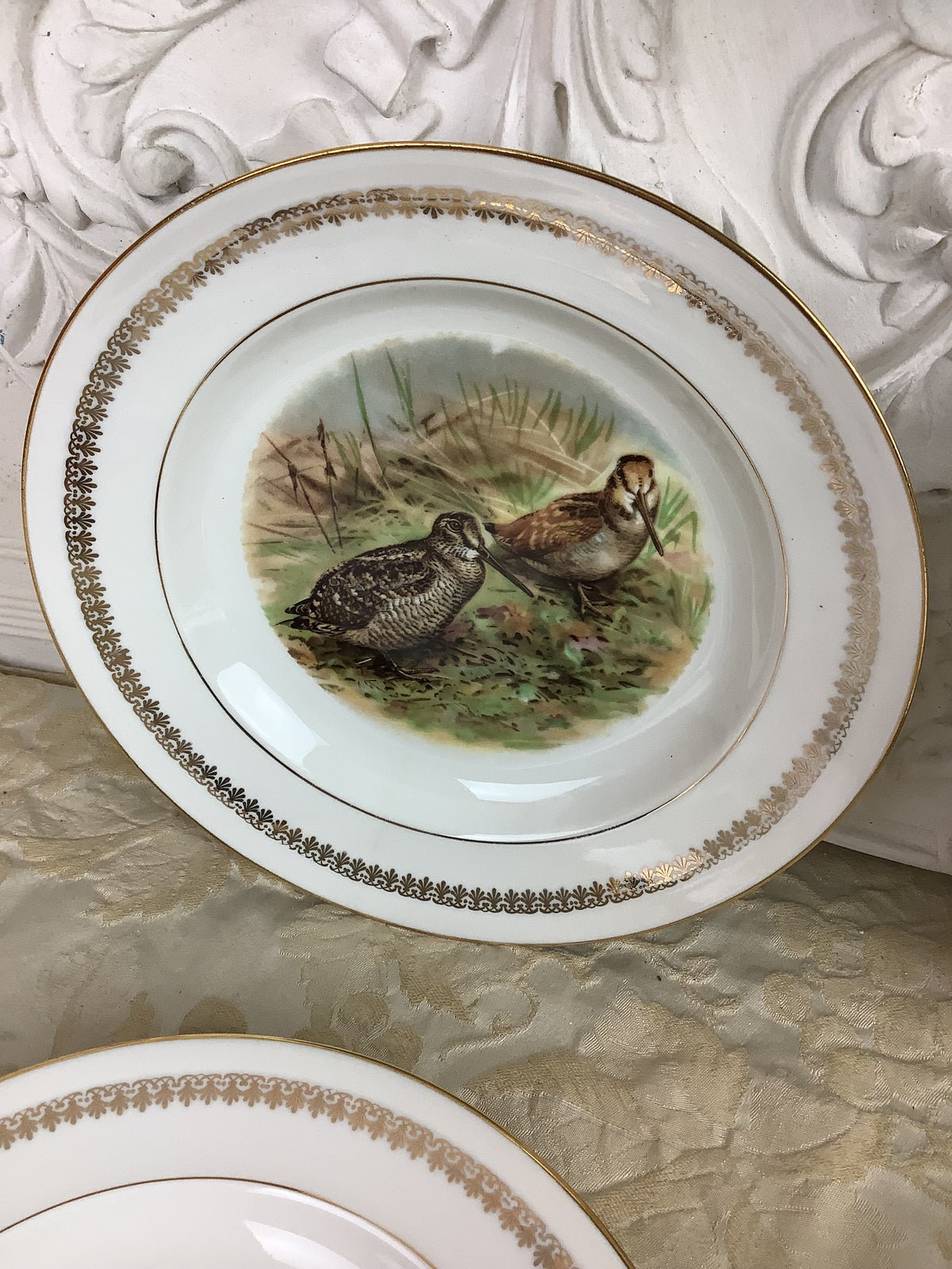 4 Assiettes creuses anciennes en Porcelaine Limoges France décor gibier/chasse