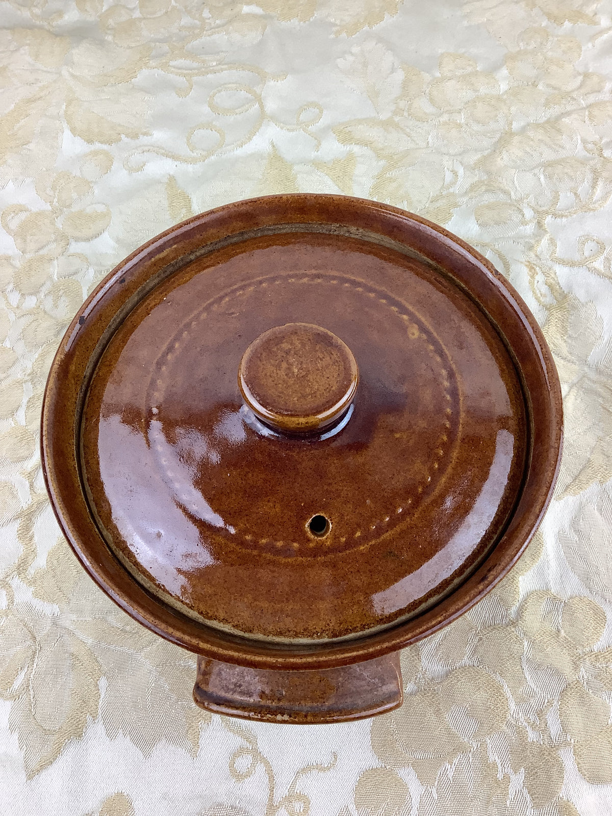 Terrine ancienne ronde en terre cuite émaillée brune avec couvercle – Pearsons of Chesterfield, Angleterre – 18J