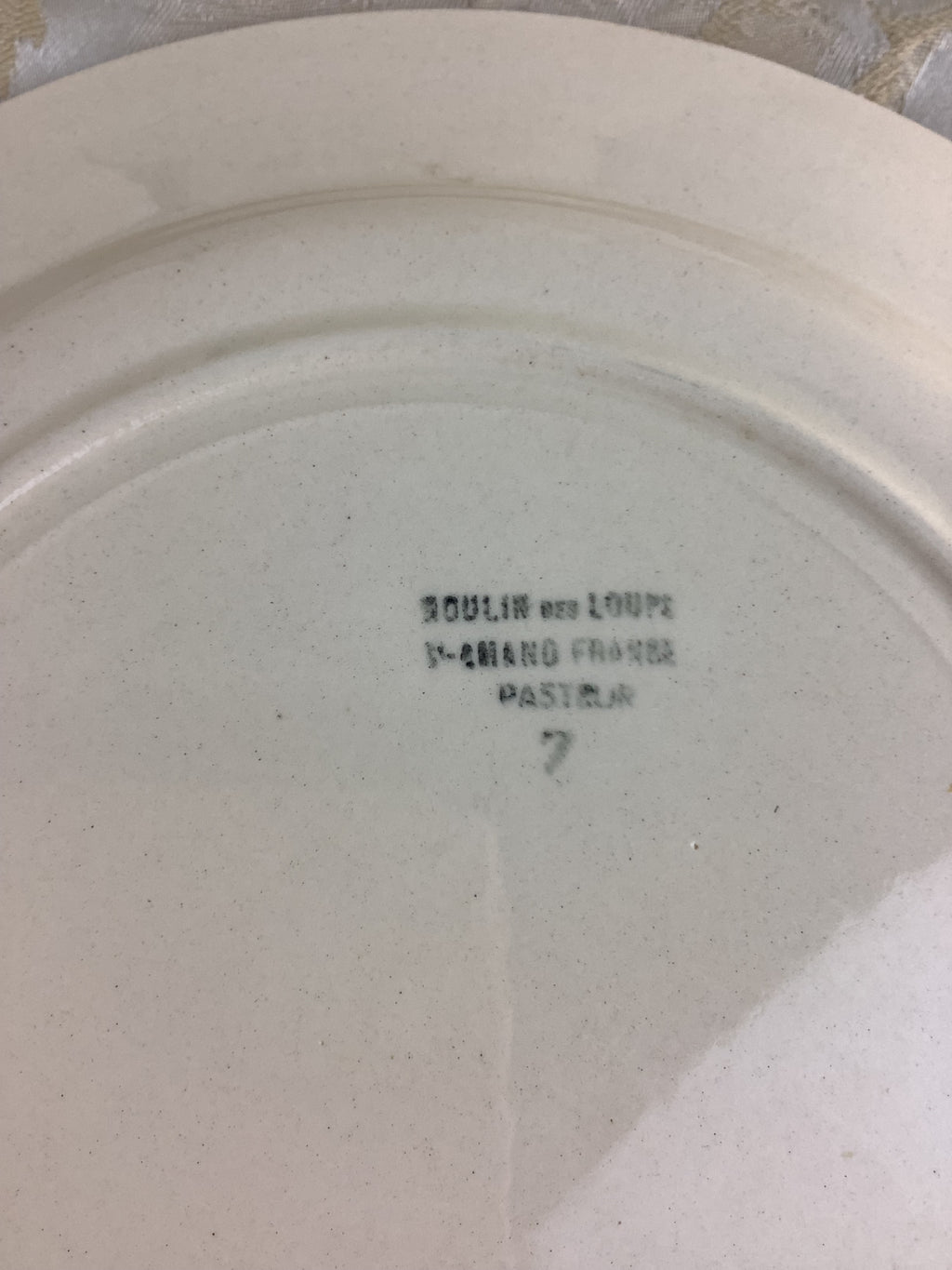Lot de 6 assiettes plates anciennes Moulin des Loups Saint-Amand, liserés safran et paprika – 15N