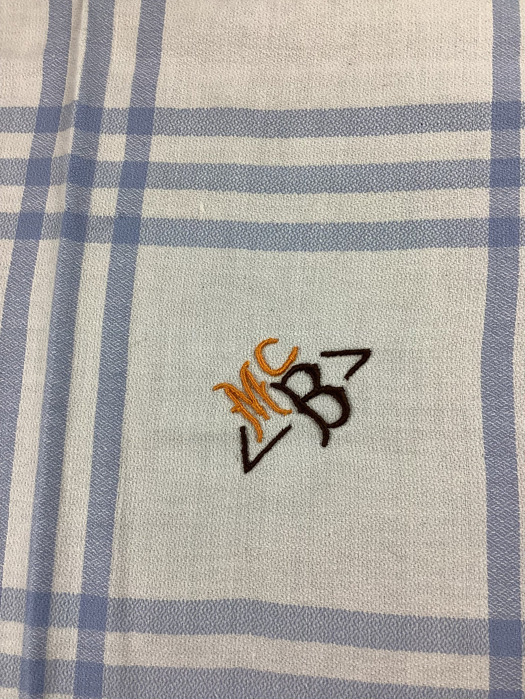 Nappe vintage à carreaux bleu ciel et orange avec 6 serviettes monogrammées MCB -Ref 110