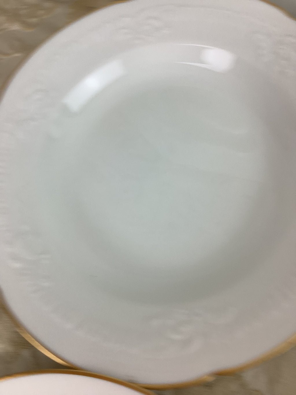 6 assiettes creuses en porcelaine de Limoges, décor blanc en relief et filet doré — Réf.25Q