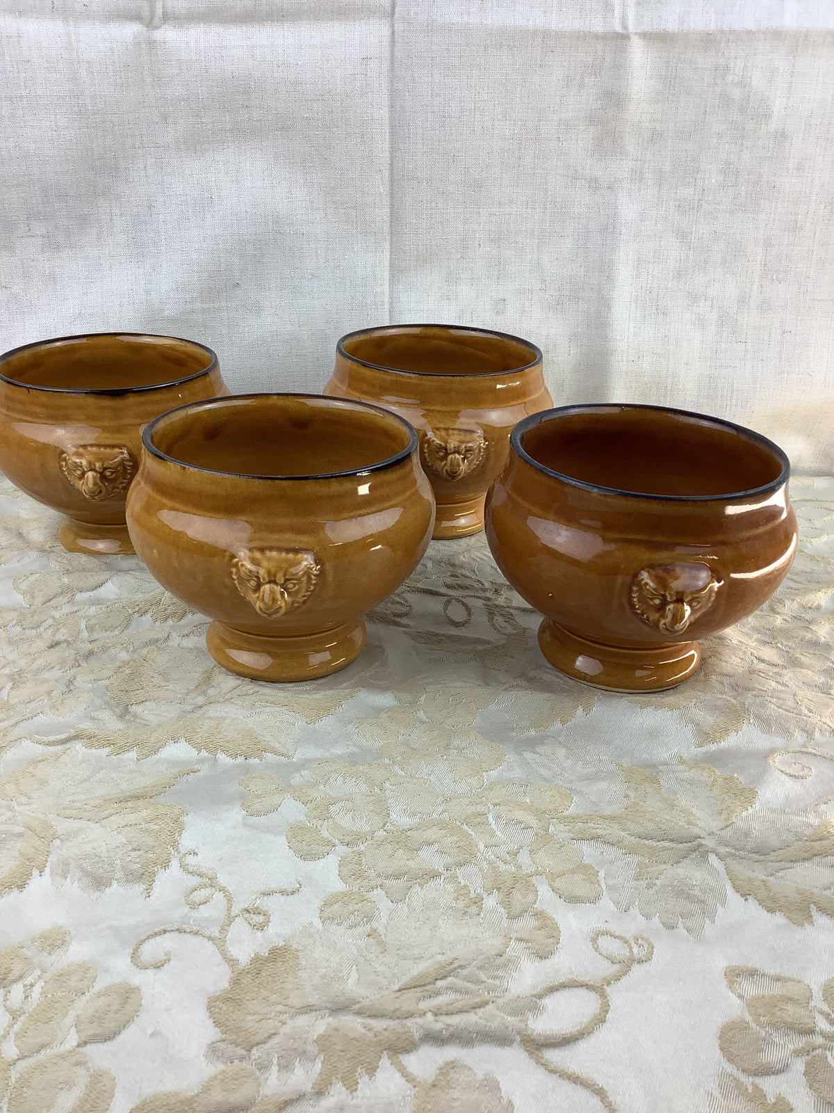 4 antique glazed terracotta soup bowls – lion heads – Ref.: 18X