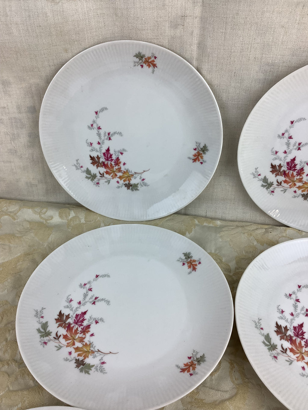 Lot de 6 assiettes à dessert anciennes en porcelaine Schumann Bavaria Germany, décor de feuillages d’automne – Réf. 15R