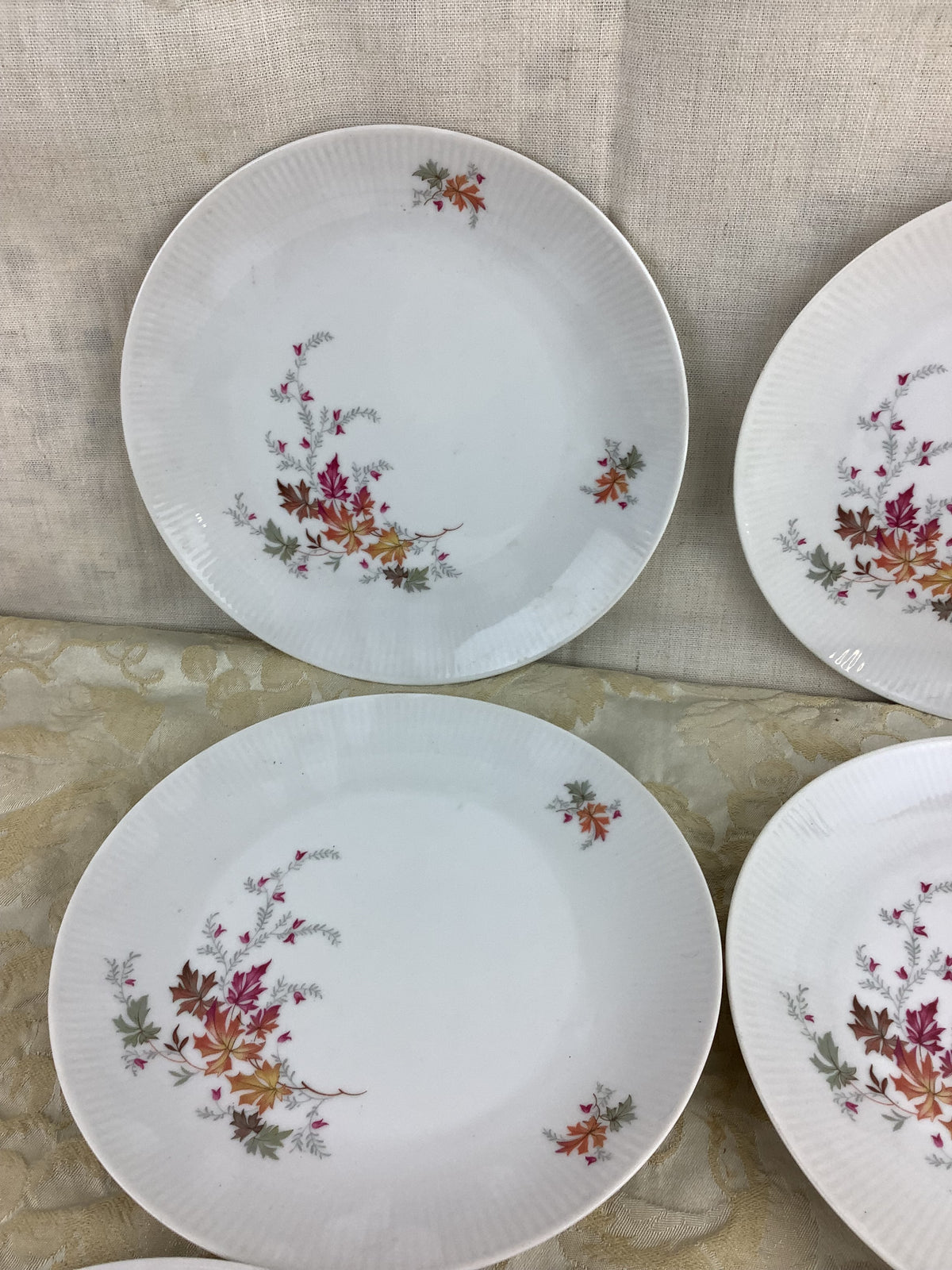 Lot de 6 assiettes à dessert anciennes en porcelaine Schumann Bavaria Germany, décor de feuillages d’automne – Réf. 15R