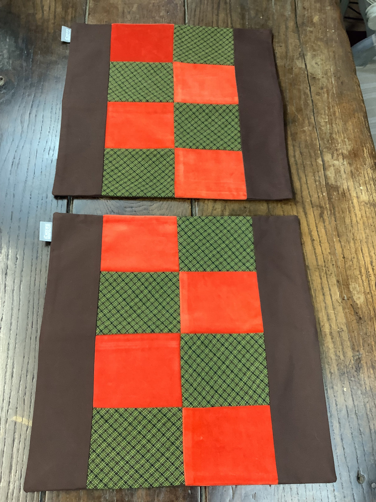 Pair of vintage cushion covers in antique textiles – Orange, green and brown – Ref. H01