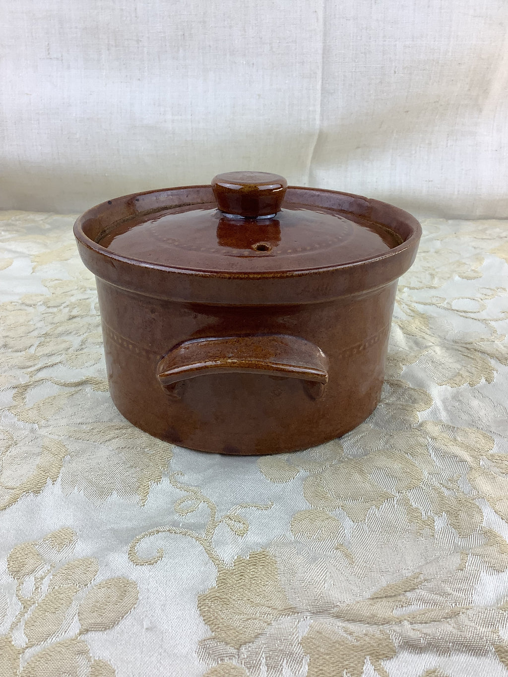 Terrine ancienne ronde en terre cuite émaillée brune avec couvercle – Pearsons of Chesterfield, Angleterre – 18J