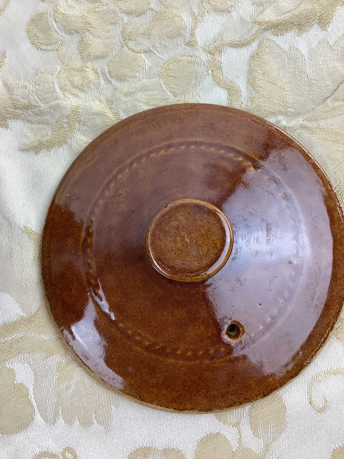 Terrine ancienne ronde en terre cuite émaillée brune avec couvercle – Pearsons of Chesterfield, Angleterre – 18J