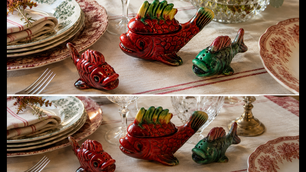 Ensemble Trio Poissons service Condiments ancien