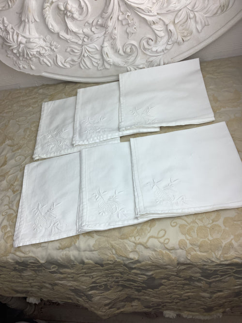 6 serviettes de table anciennes en coton blanc brodé – Réf. 187