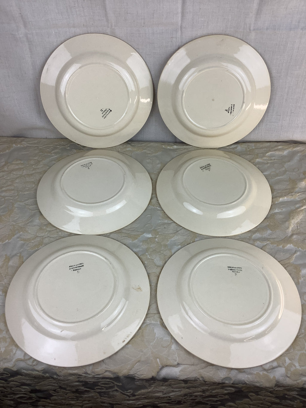 Lot de 6 assiettes plates anciennes Moulin des Loups Saint-Amand, liserés safran et paprika – 15N
