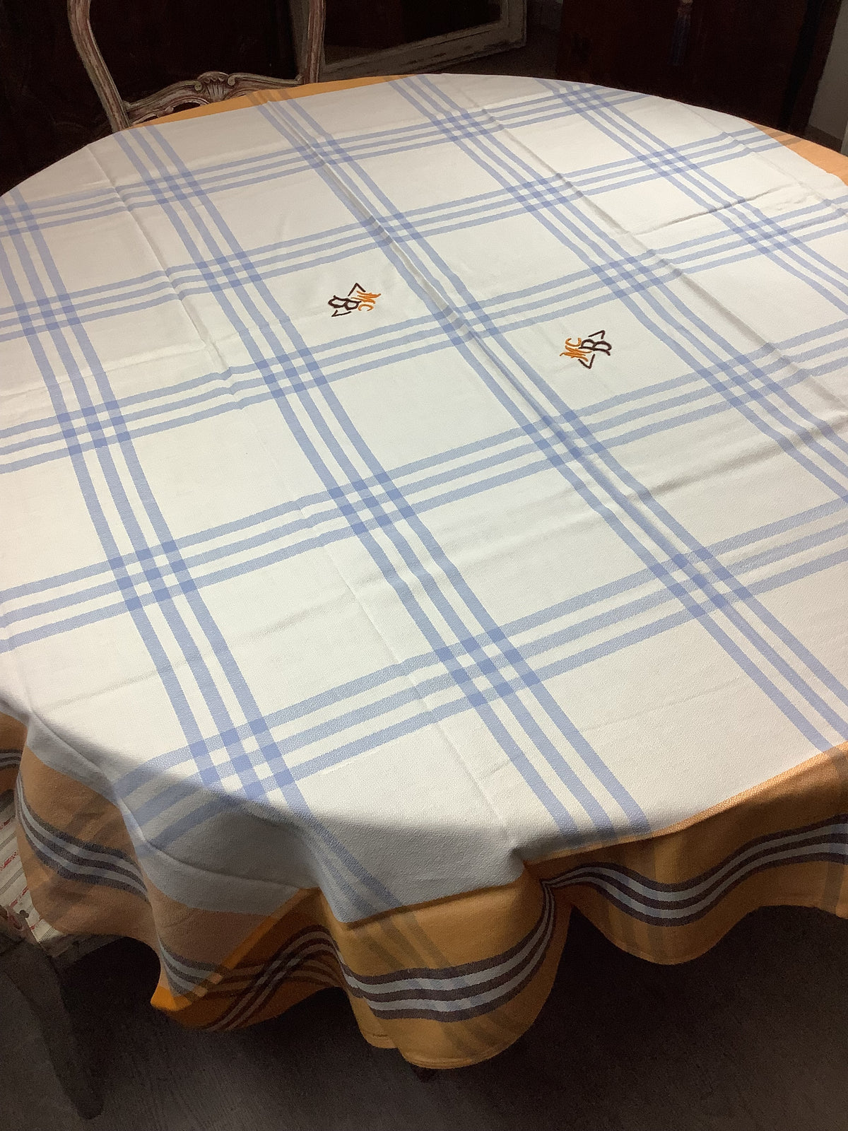 Nappe vintage à carreaux bleu ciel et orange avec 6 serviettes monogrammées MCB -Ref 110