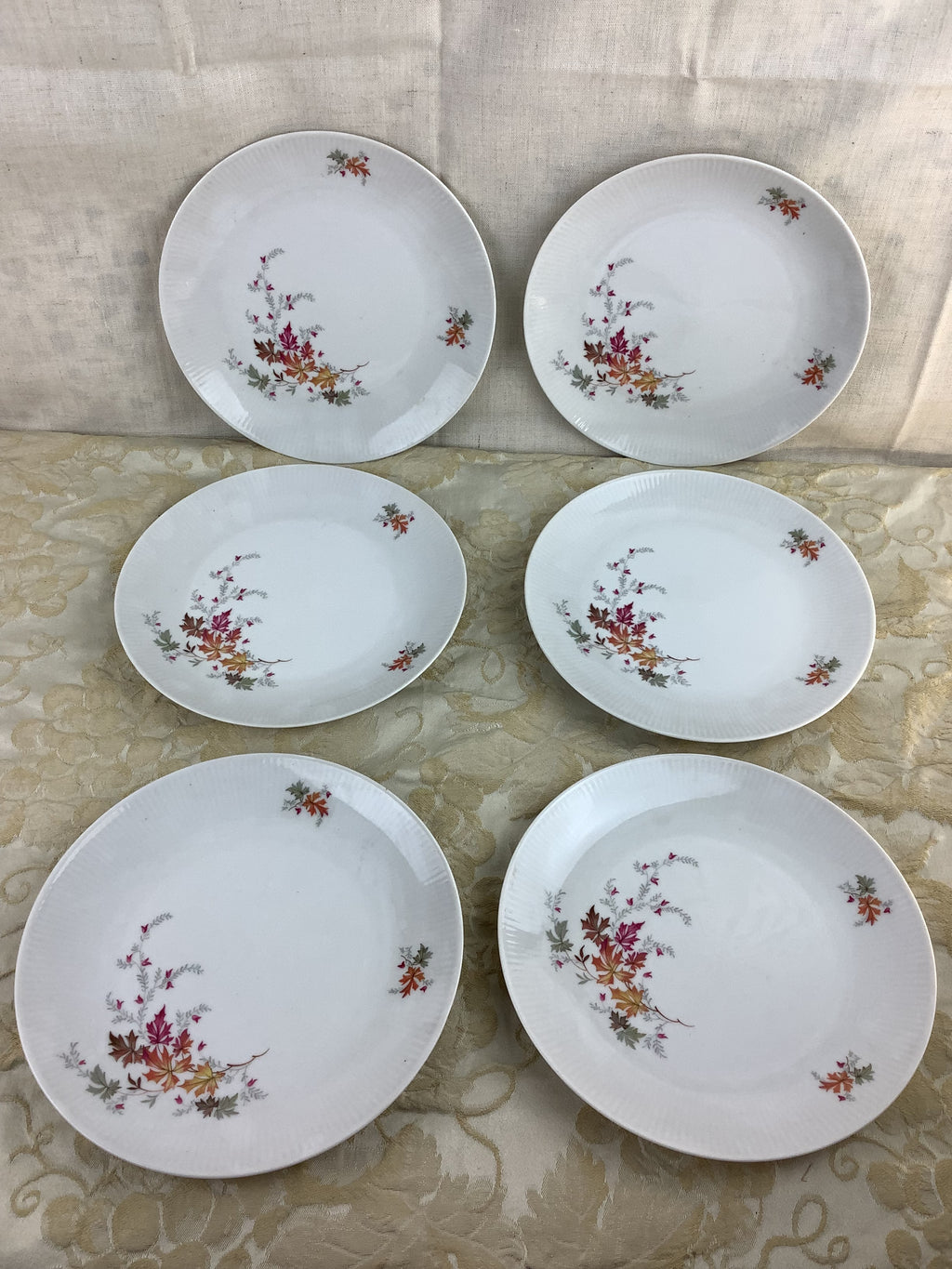 Lot de 6 assiettes à dessert anciennes en porcelaine Schumann Bavaria Germany, décor de feuillages d’automne – Réf. 15R