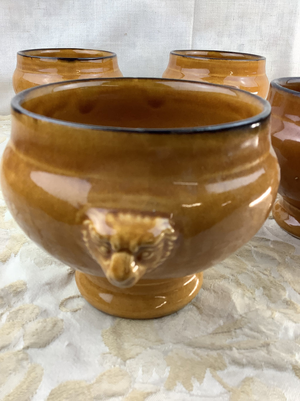 4 antique glazed terracotta soup bowls – lion heads – Ref.: 18X