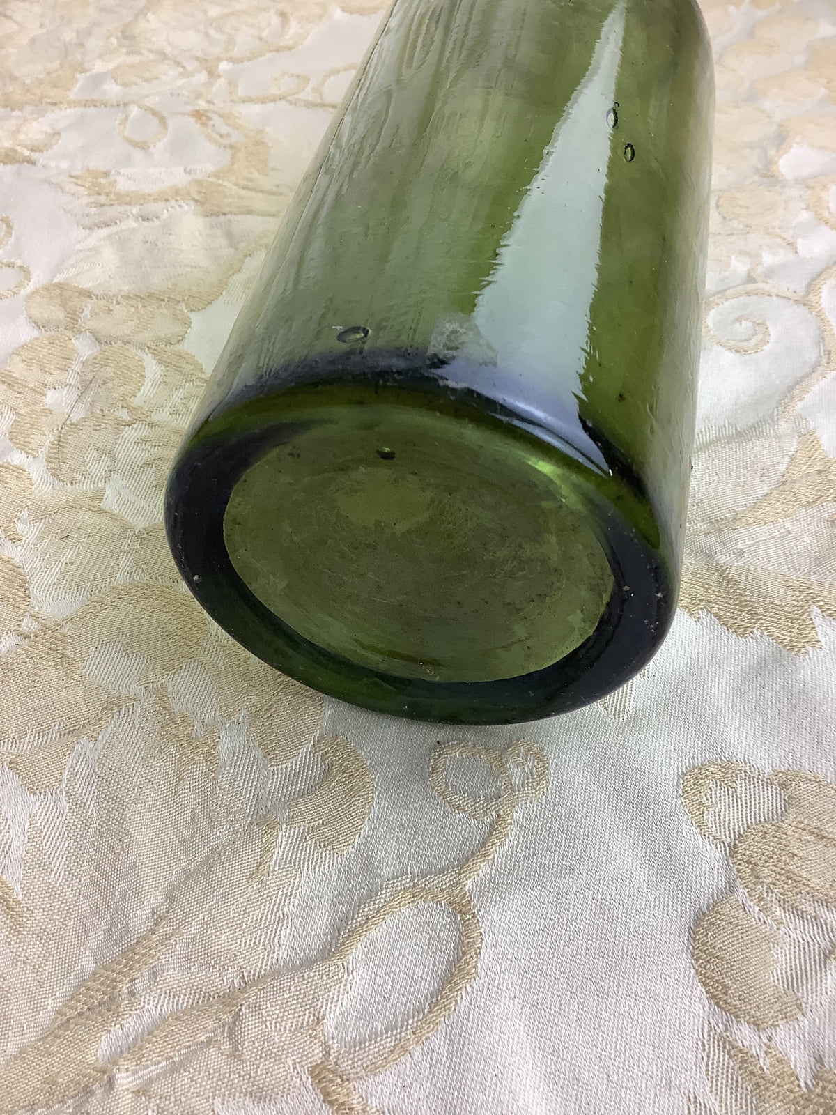 Ancienne bouteille de conservation en verre soufflé vert olive, type gueulard – Ref 29I