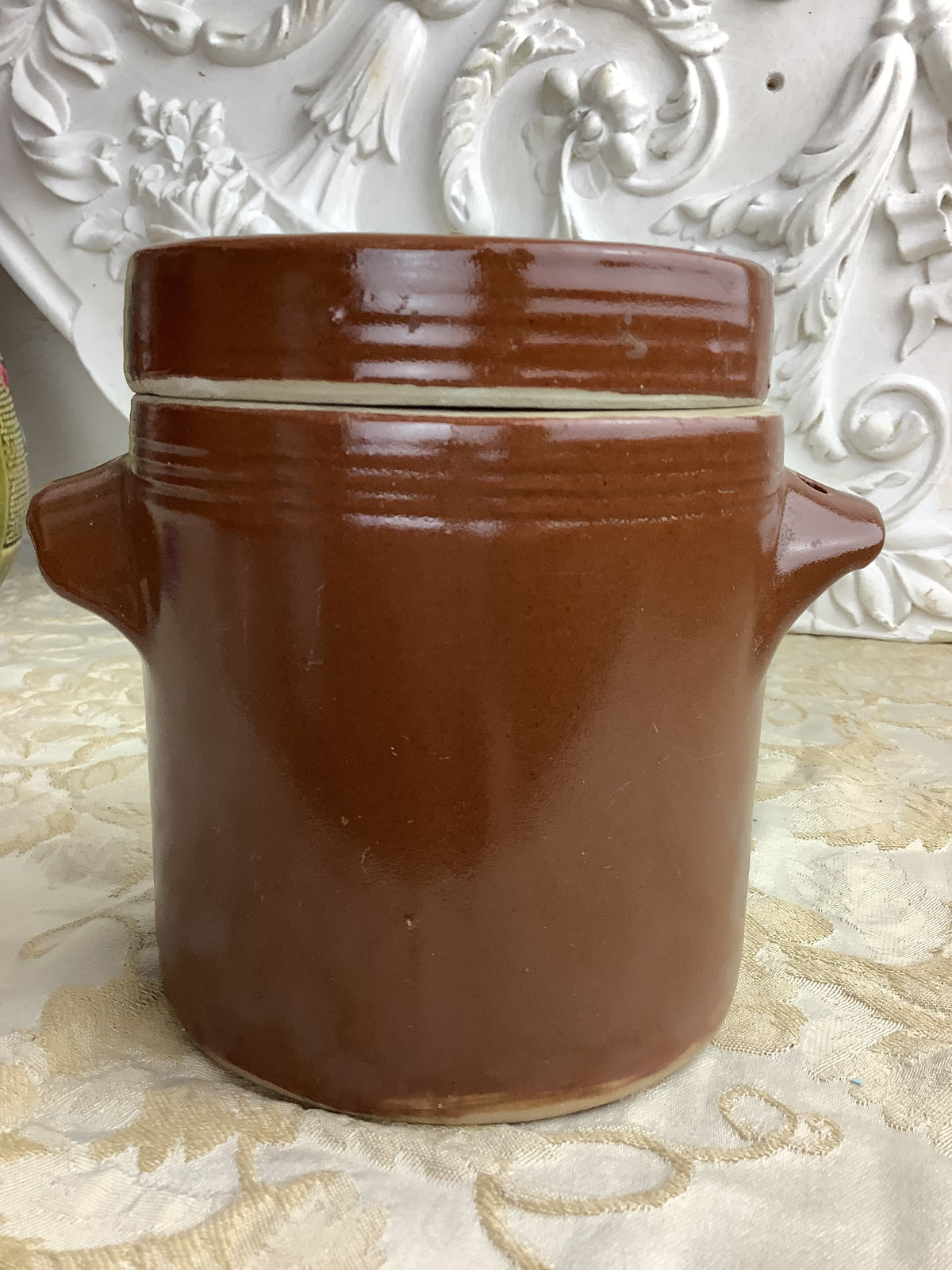 Ancien pot à conserves en grès brun avec couvercle – Réf. 20K