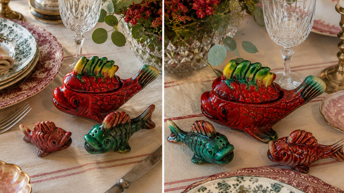 Ensemble Trio Poissons service Condiments ancien
