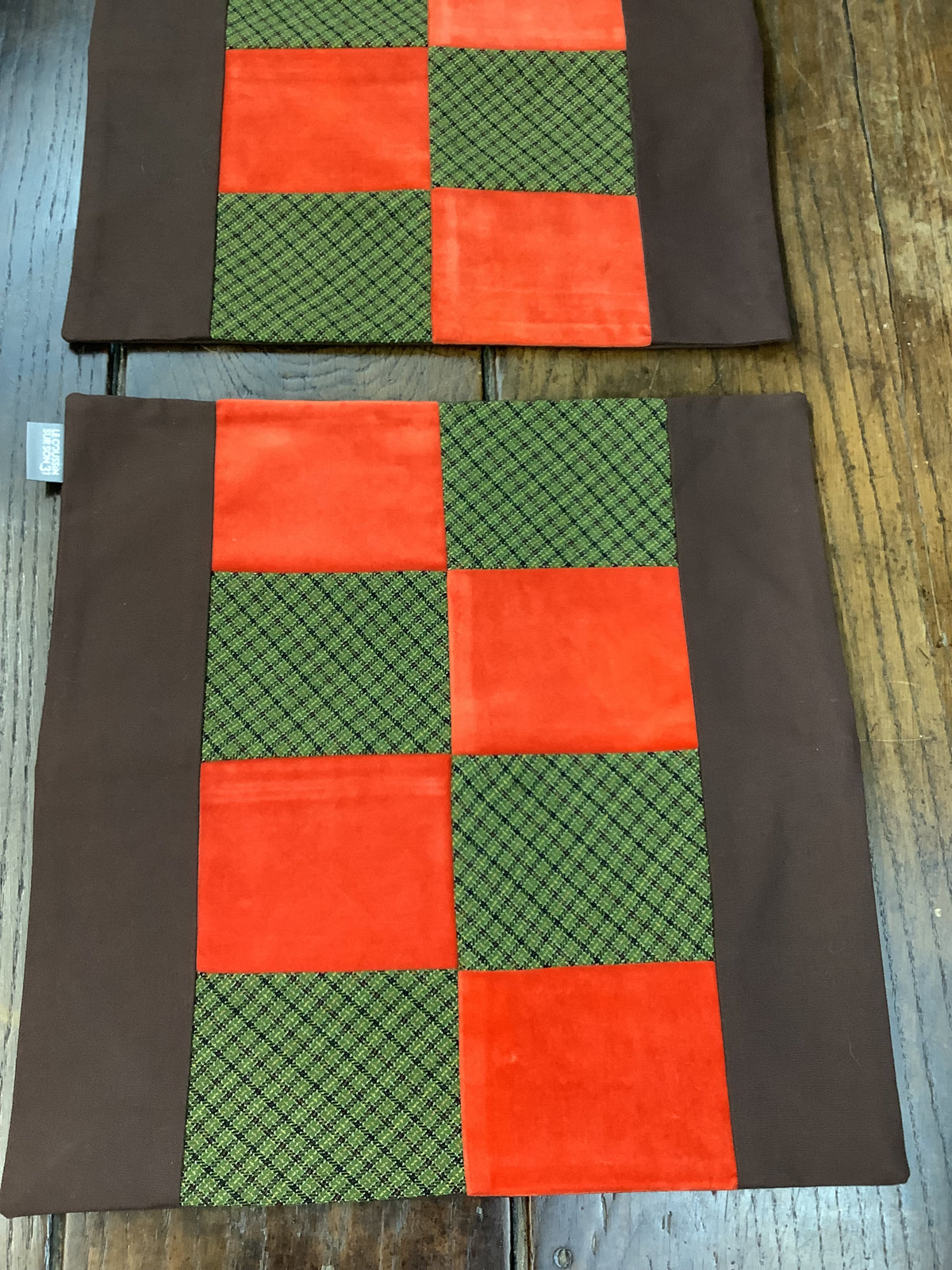 Pair of vintage cushion covers in antique textiles – Orange, green and brown – Ref. H01