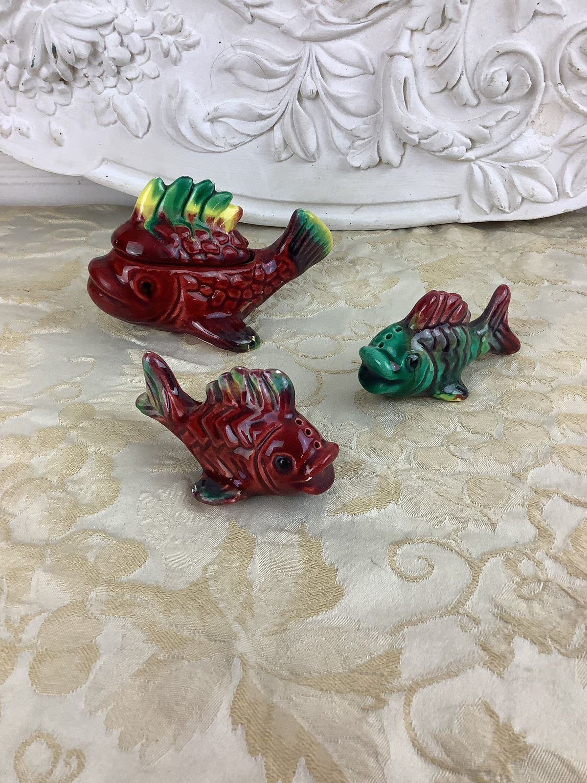 Ensemble Trio Poissons service Condiments ancien