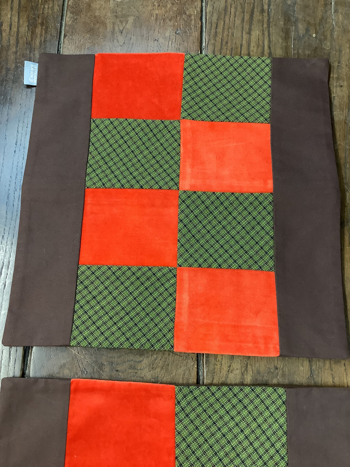 Pair of vintage cushion covers in antique textiles – Orange, green and brown – Ref. H01