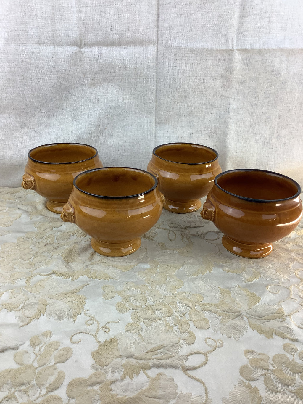 4 antique glazed terracotta soup bowls – lion heads – Ref.: 18X