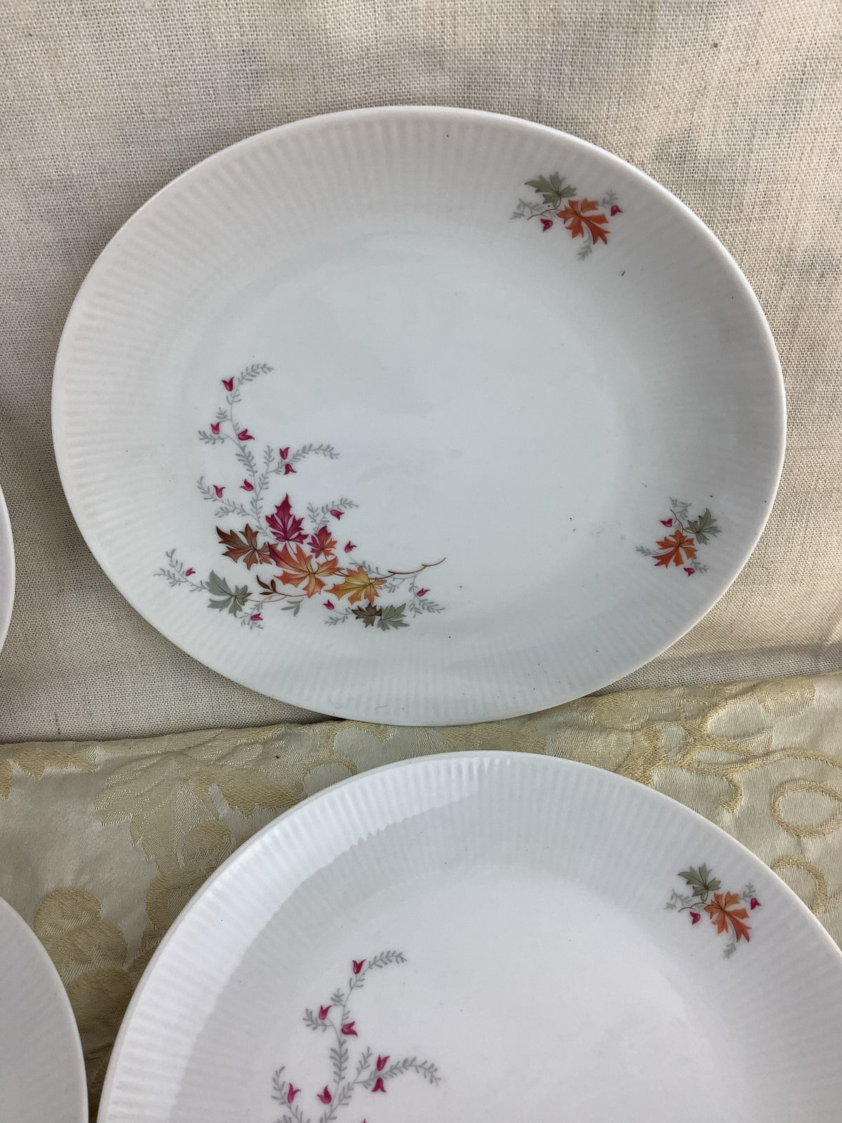 Lot de 6 assiettes à dessert anciennes en porcelaine Schumann Bavaria Germany, décor de feuillages d’automne – Réf. 15R