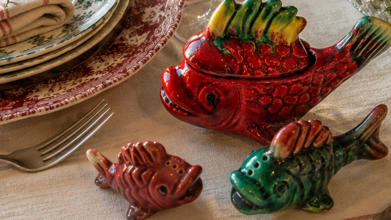 Ensemble Trio Poissons service Condiments ancien