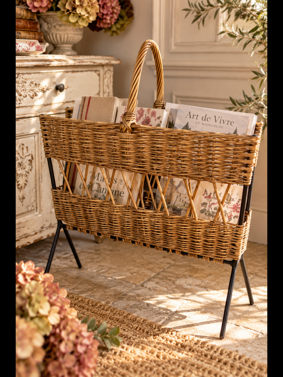 Porte-revue vintage en rotin et métal noir – Réf. 26J