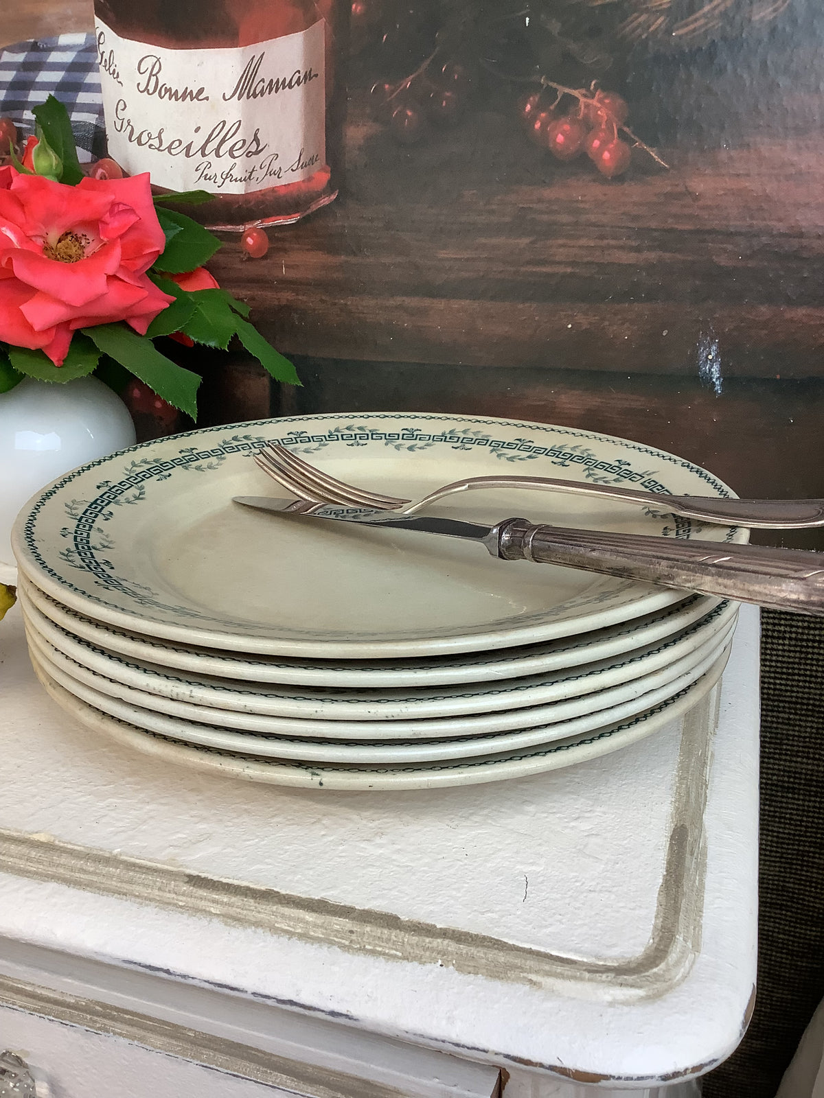 Lot de 6 assiettes plates anciennes Gien modèle Austerlitz – Réf. 8D