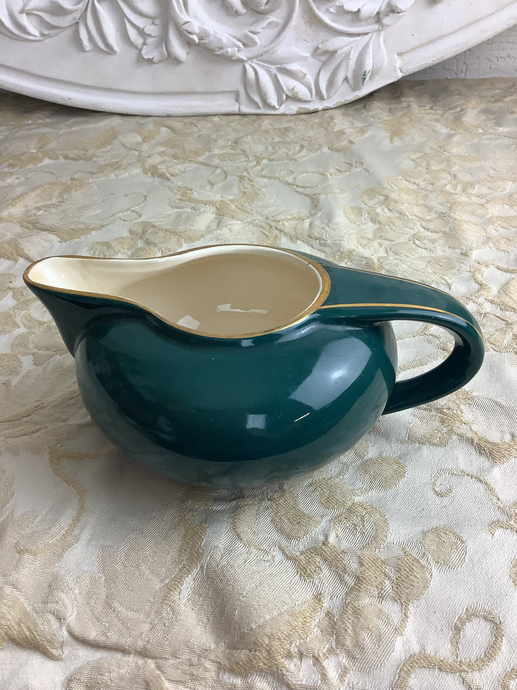 Ancien saucier ou pot à crème en faïence de Salins, vert émeraude, style Art Déco -Ref 27R