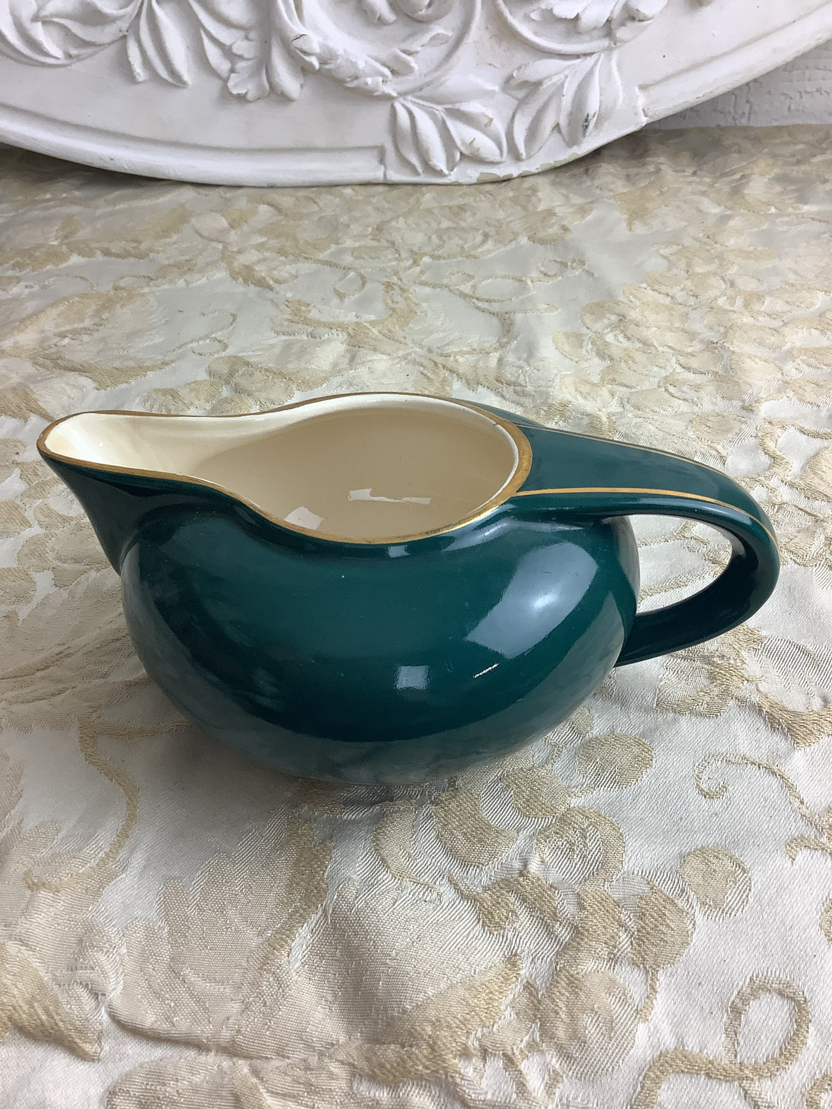 Ancien saucier ou pot à crème en faïence de Salins, vert émeraude, style Art Déco -Ref 27R