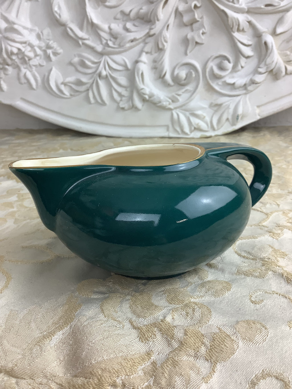 Ancien saucier ou pot à crème en faïence de Salins, vert émeraude, style Art Déco -Ref 27R