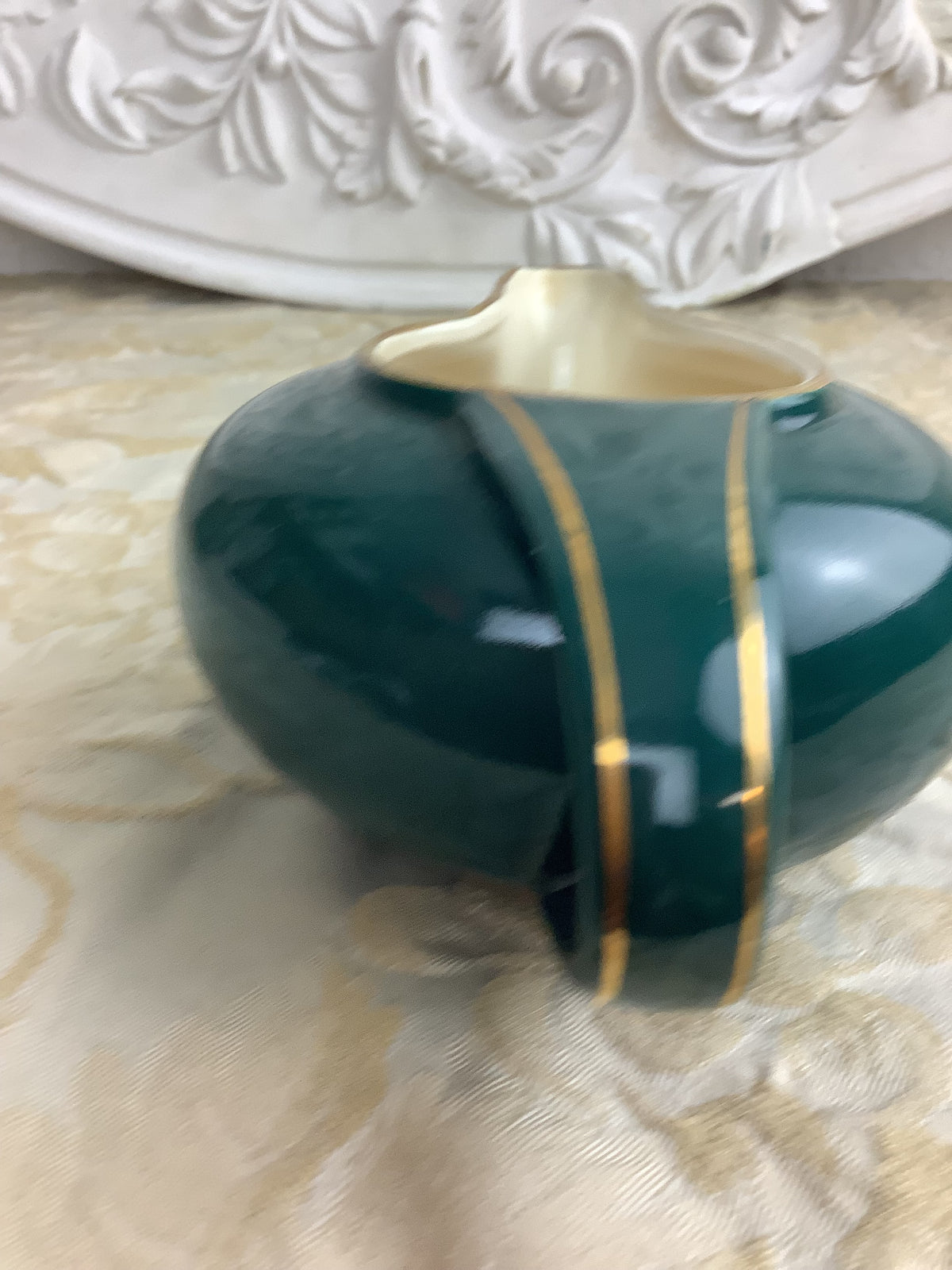 Ancien saucier ou pot à crème en faïence de Salins, vert émeraude, style Art Déco -Ref 27R