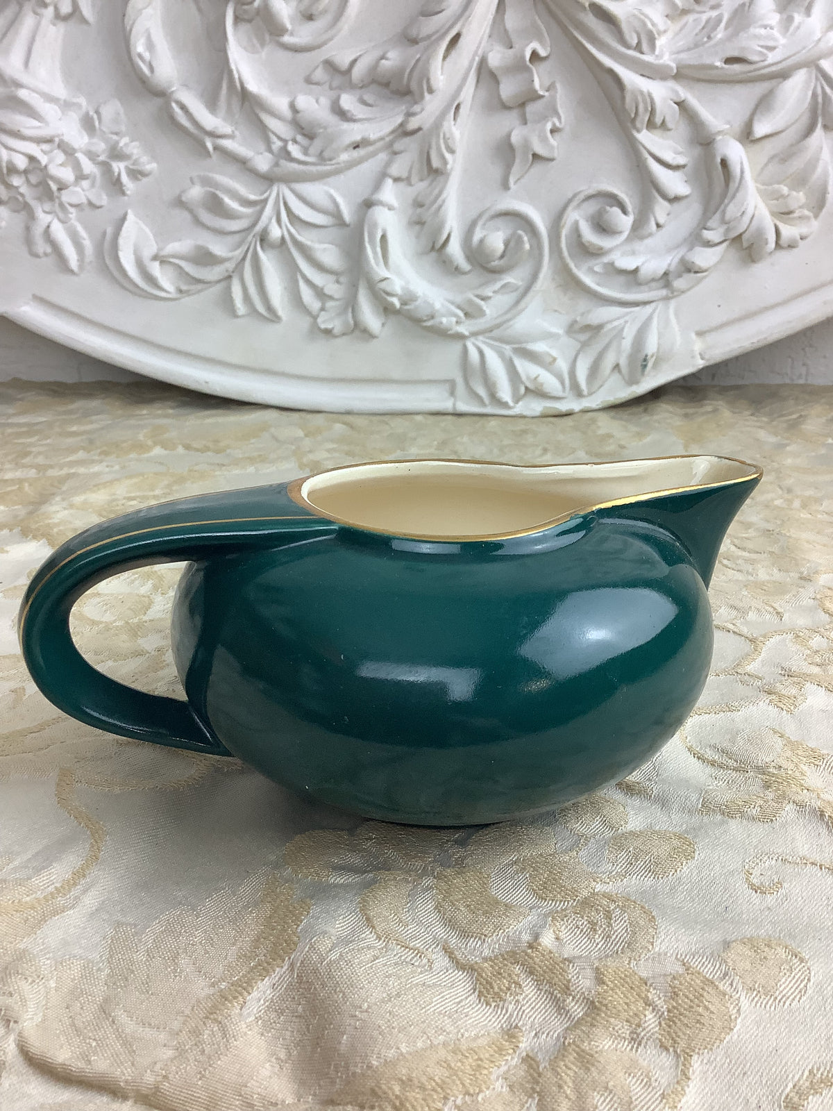 Ancien saucier ou pot à crème en faïence de Salins, vert émeraude, style Art Déco -Ref 27R