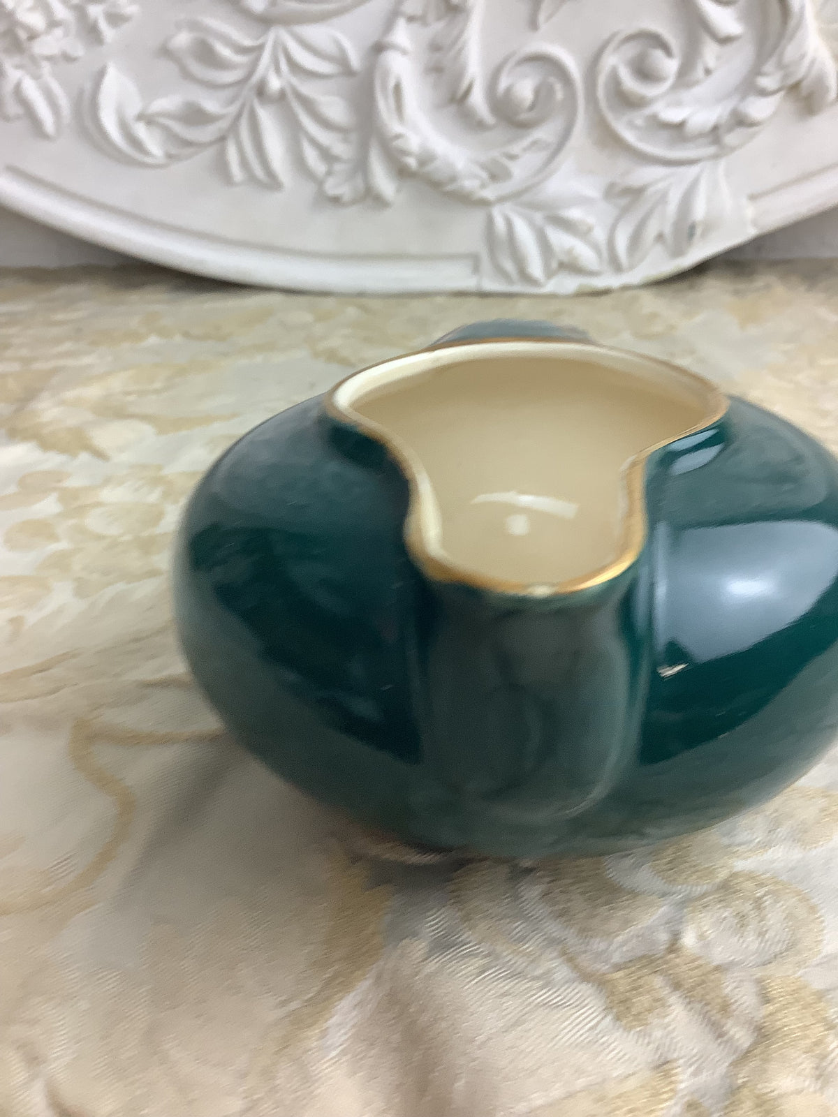 Ancien saucier ou pot à crème en faïence de Salins, vert émeraude, style Art Déco -Ref 27R
