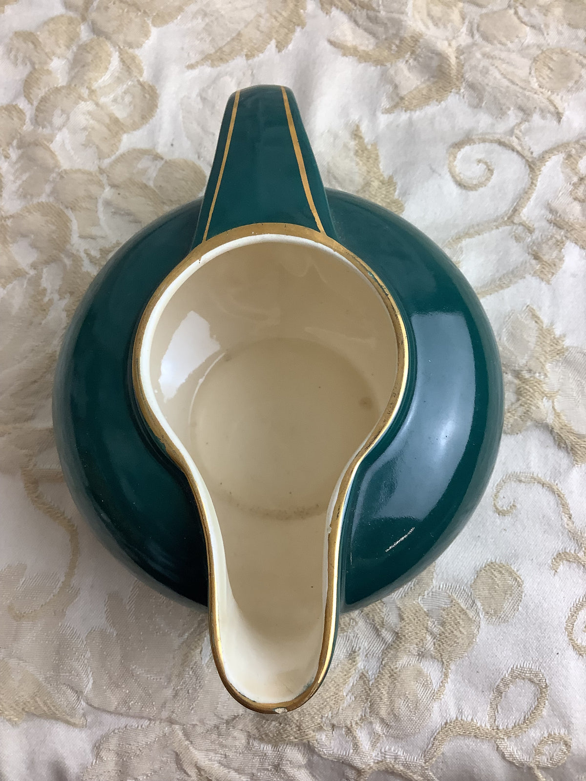 Ancien saucier ou pot à crème en faïence de Salins, vert émeraude, style Art Déco -Ref 27R