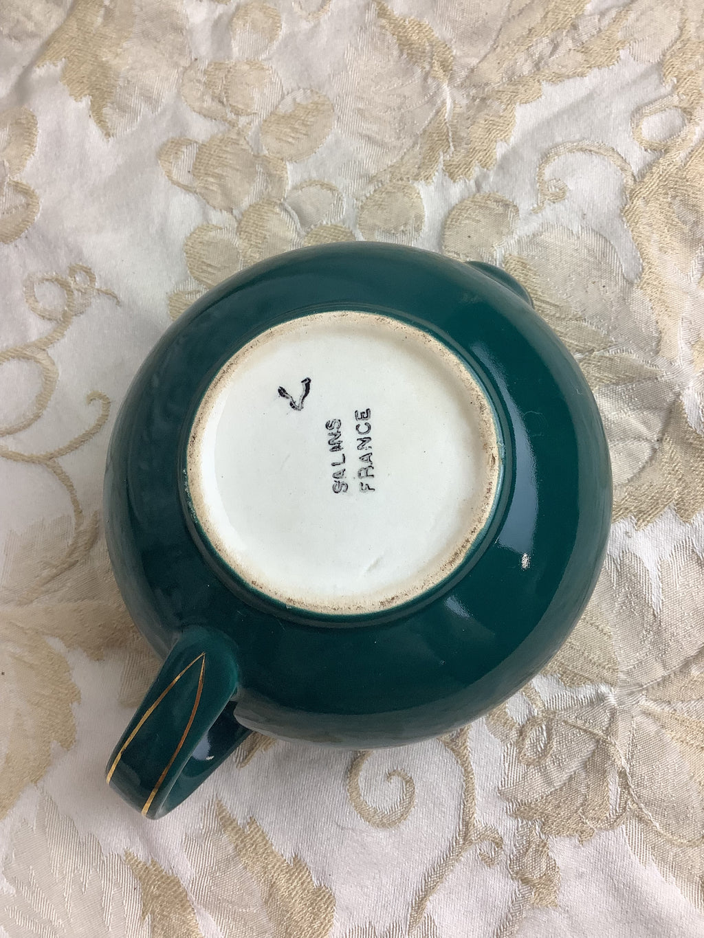 Ancien saucier ou pot à crème en faïence de Salins, vert émeraude, style Art Déco -Ref 27R
