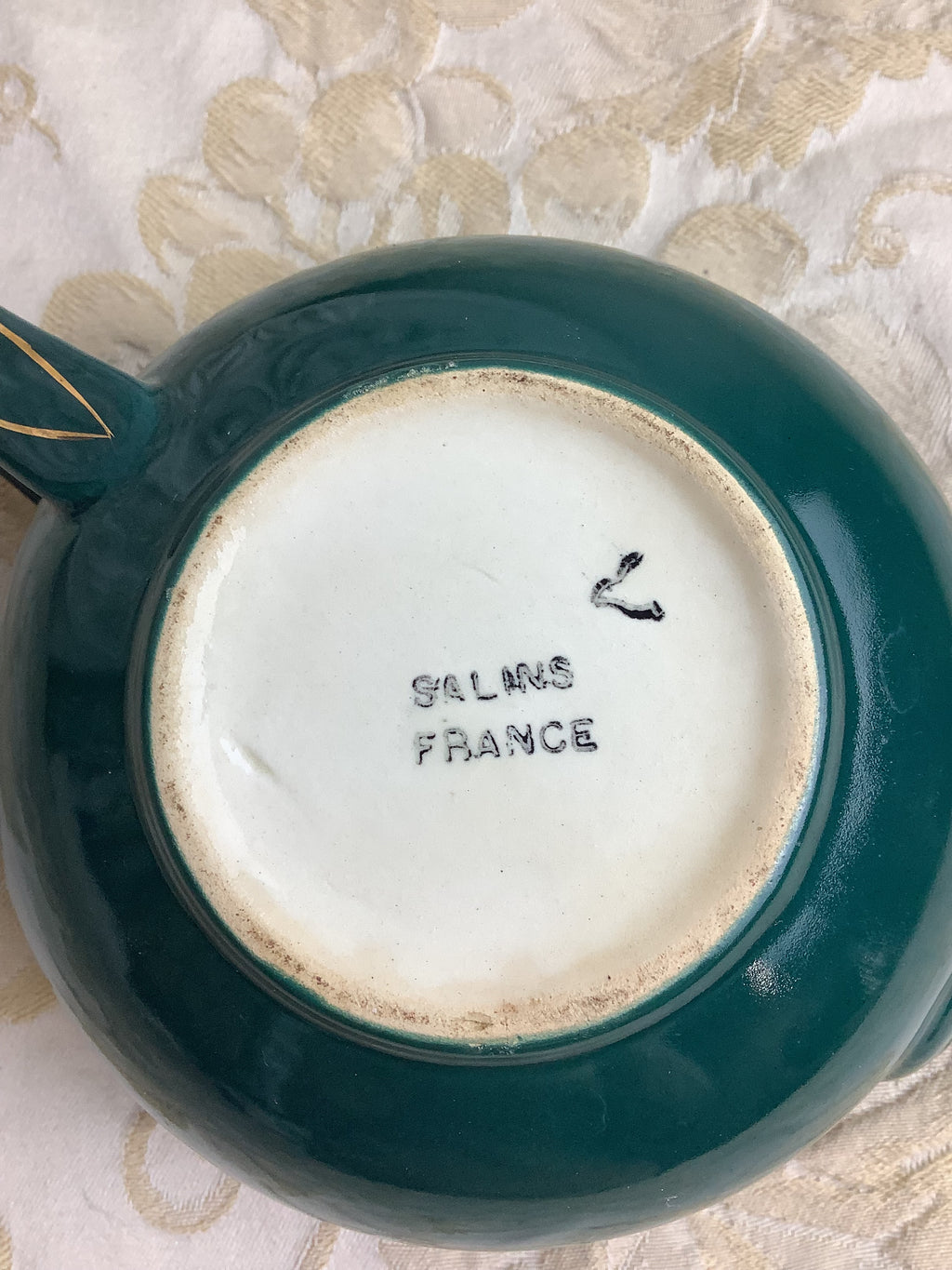 Ancien saucier ou pot à crème en faïence de Salins, vert émeraude, style Art Déco -Ref 27R