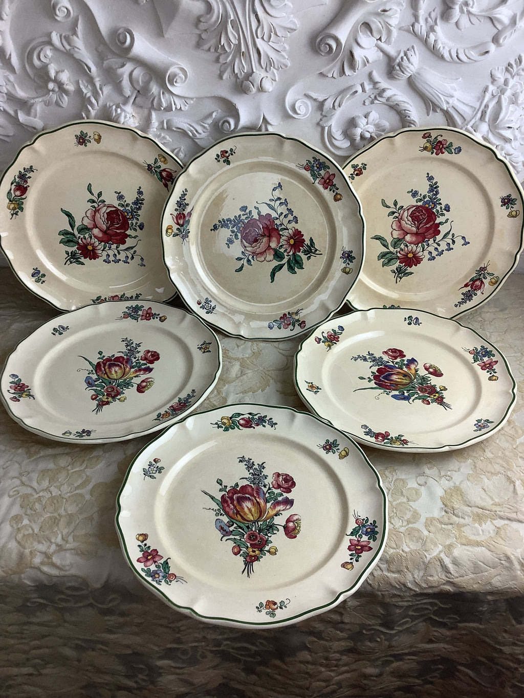 Lot de 6 assiettes plates anciennes Villeroy & Boch, modèle Vieux Strasbourg – Réf. 27N